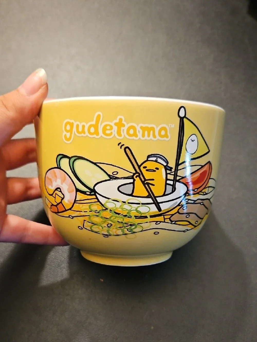 Sanrio Gudetama Yellow Ceramic Ramen Bowl with Cartoon Food Art